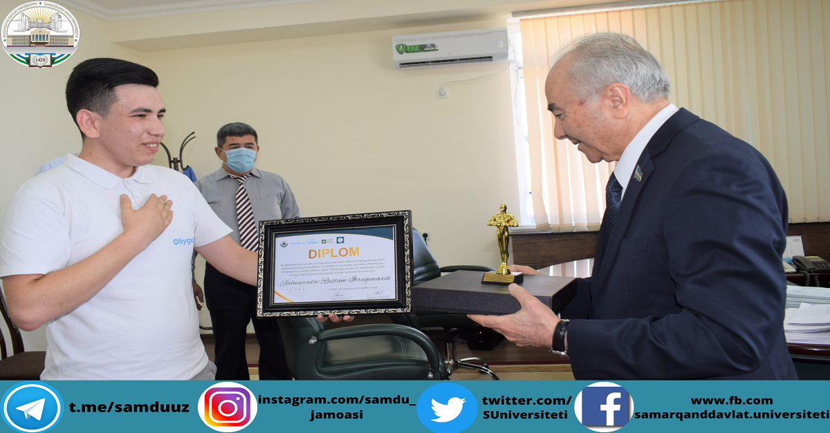 Samarqand davlat universiteti rektoriga “Yilning eng yaxshi rektori 2021” tanlovining statuetkasi topshirildi
