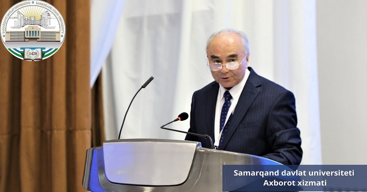 Rustam Kholmurodov, rector of Samarkand State University, member of the Senate of the Oliy Majlis, scientist of the Republic of Uzbekistan, is giving a speech at the plenary session of the III Uzbekistan-Russia Education Forum held at Samarkand State University...