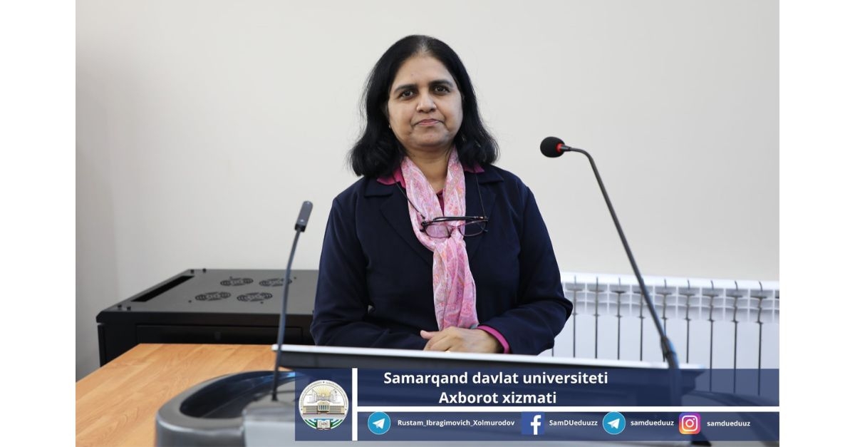 An Indian professor teaches students at Samarkand State University...