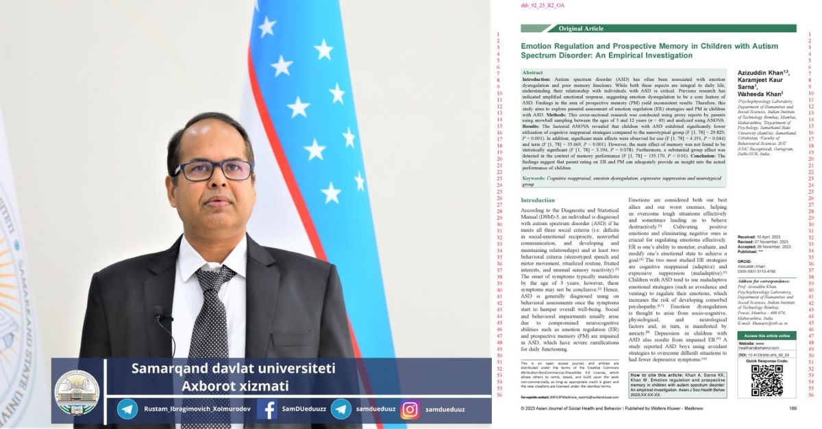 An article by Azizuddin Khan, visiting professor at the Department of Psychology at Samarkand State University, has been accepted for publication in a journal included in the Scopus database...